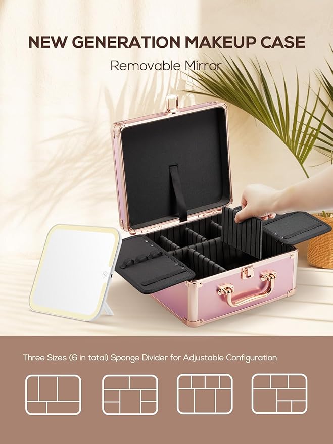 OMIRO Makeup Case, Makeup Bag with Light Up Mirror Set, Makeup Organizer Bag with Magnet Makeup Mirror for Women (Glitter Pink)