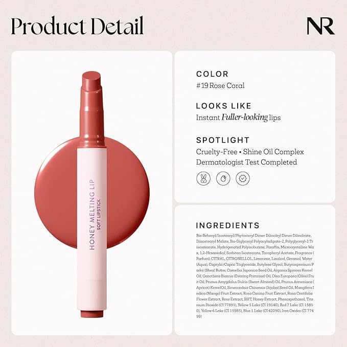 Nature Republic HONEY MELTING LIP (19 ROSE CORAL) | SOFT LIP STICK, Hydrating Gloss, Moisturizing balms, Sheer tint, Shine & Nude, Glowy Finish, korean make up