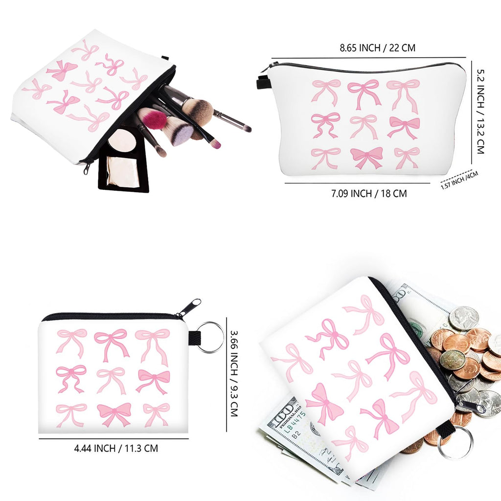 Bow Makeup Bag Set for Women, Cute Travel Cosmetic Pouch Toiletry Organizer with Zipper, Aesthetic Makeup Bags for Purse, Gifts for Girls Teens Bridesmaids