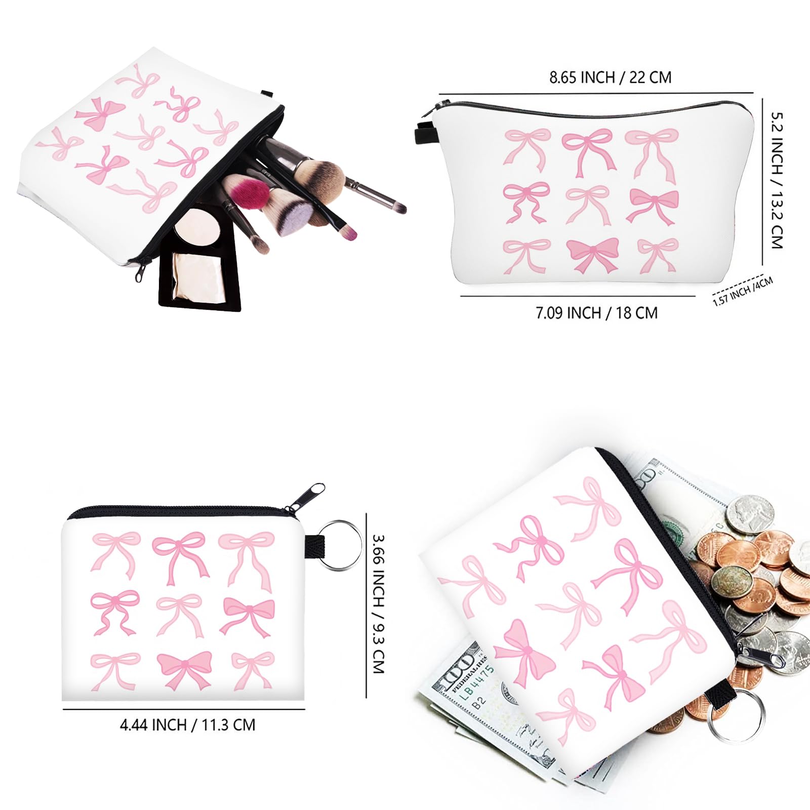 Bow Makeup Bag Set for Women, Cute Travel Cosmetic Pouch Toiletry Organizer with Zipper, Aesthetic Makeup Bags for Purse, Gifts for Girls Teens Bridesmaids