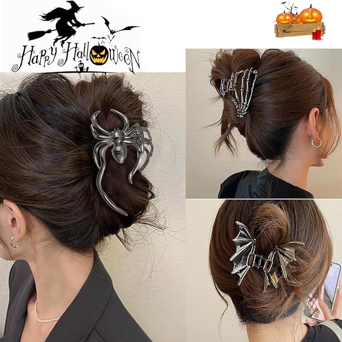 Parcce 3 PCS Gothic Hair Claw Clips for Women, Metallic Black Bat Spider Skeleton Hand Hair Clips, Strong Hold Halloween Hair Accessories for Thick Thin Hair, Costume Party Everyday Styling Gifts