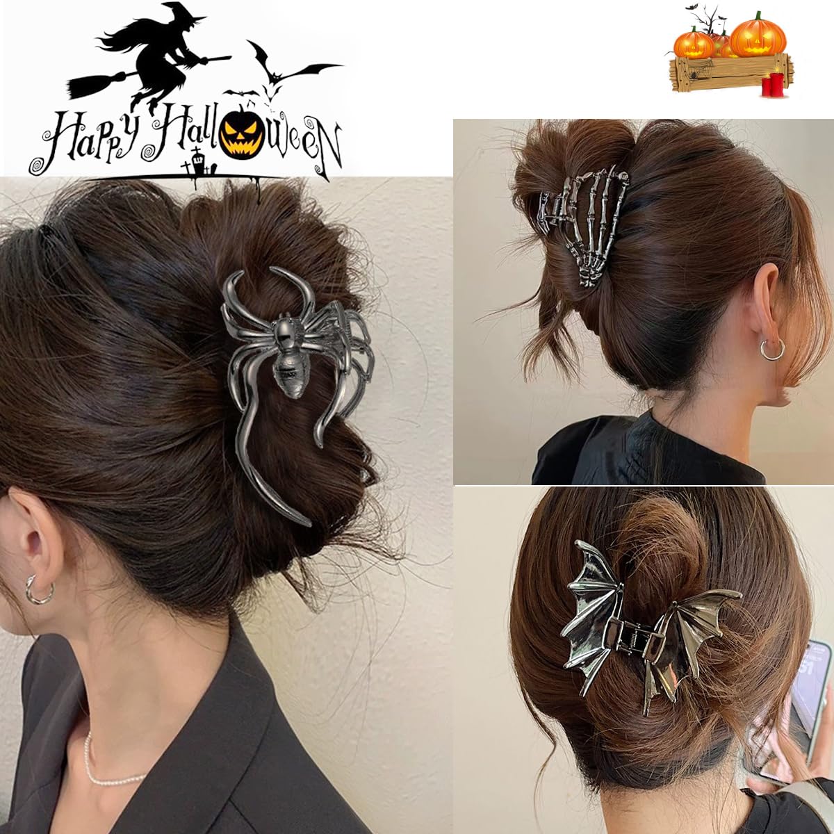 Parcce 3 PCS Gothic Hair Claw Clips for Women, Metallic Black Bat Spider Skeleton Hand Hair Clips, Strong Hold Halloween Hair Accessories for Thick Thin Hair, Costume Party Everyday Styling Gifts
