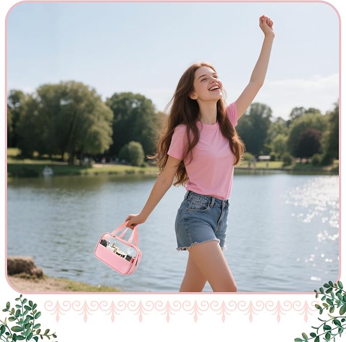 LECEHIVO 12 Pcs Translucent Make up Bag 10.2 x 6.3 x 2.8 Inches Waterproof Toiletry Organizer with Hanging Handles Portable Cosmetic Travel Bag Carry Pouch for Women and Men Travel Storage (Pink)