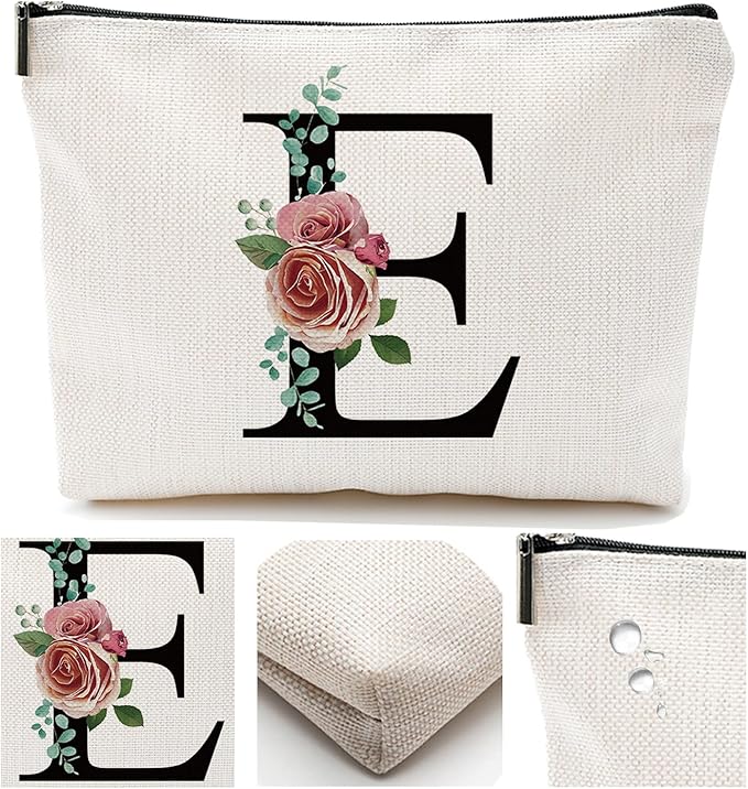 Comanro Initial A-Z Personalized Letter Makeup Bag, Monogrammed Bridesmaid Gifts/Presents Cosmetic Bag, Portable Stationery Storage Organizer Pouch, Friendship Love Travel Makeup Bags