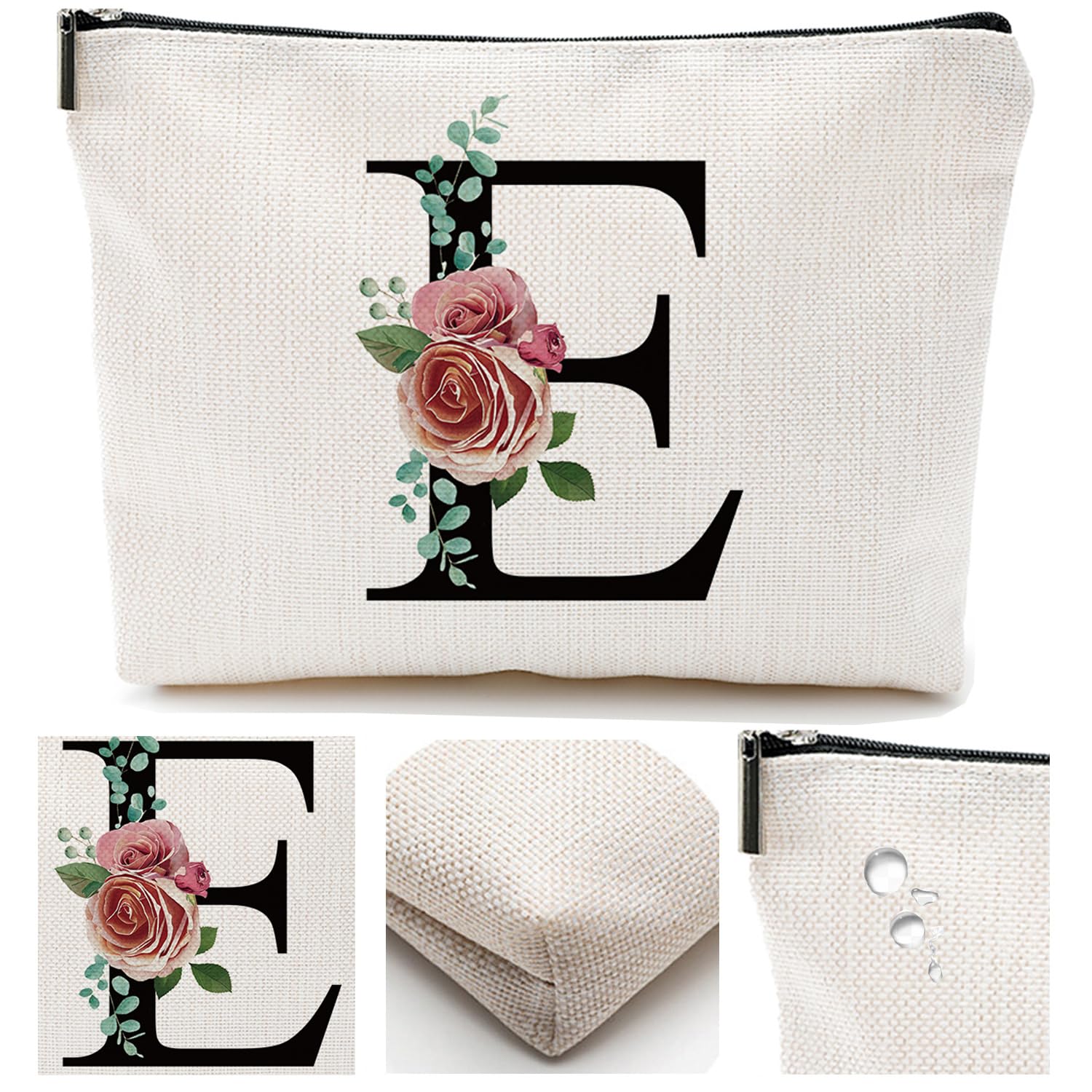 Comanro Initial A-Z Personalized Letter Makeup Bag, Monogrammed Bridesmaid Gifts/Presents Cosmetic Bag, Portable Stationery Storage Organizer Pouch, Friendship Love Travel Makeup Bags