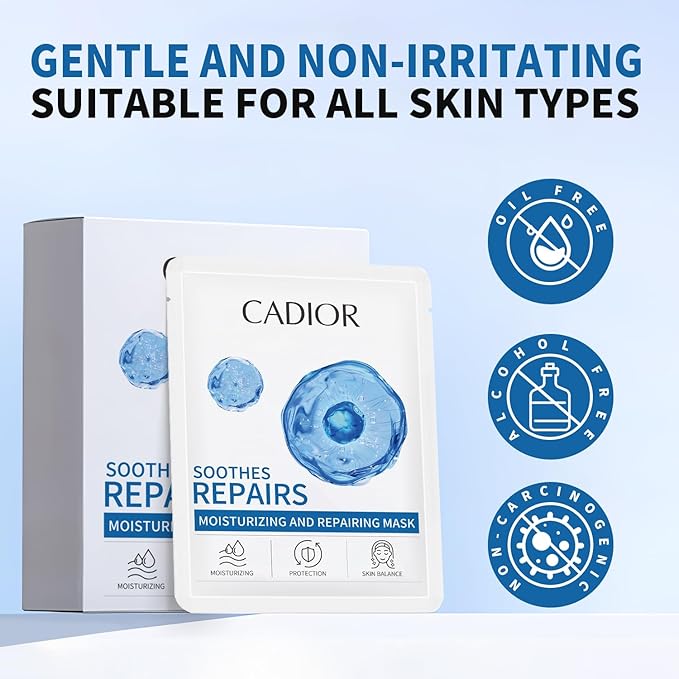CADIOR Moisturizing and Soothing Face Mask with Panthenol and Sodium Hyaluronate, Hydrating & Radiance Boosting, Safe for Sensitive Skin, Charcoal Face Mask, Pack of 10