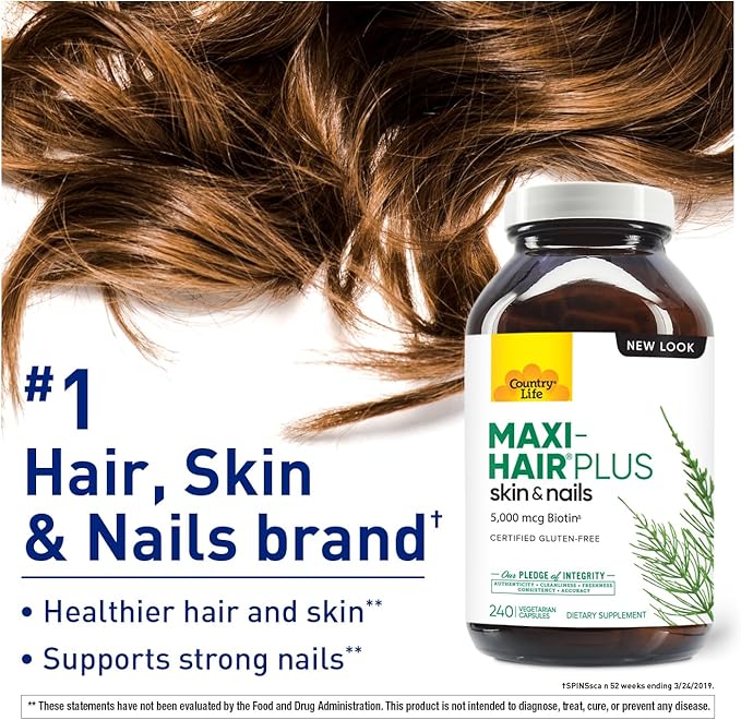 Country Life Maxi-Hair Plus 5000 mcg Biotin, 240 Vegetarian Capsules