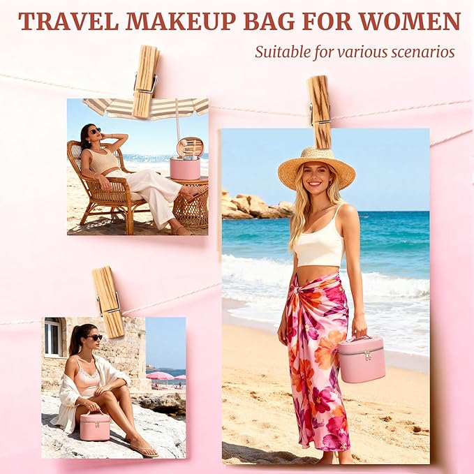 MaqSacion Makeup Bag Vanity Case for Women Leather Cosmetic Bag Makeup Organizer Case Portable Travel Toiletry Bag With Removable Compartments and Handle - Pink