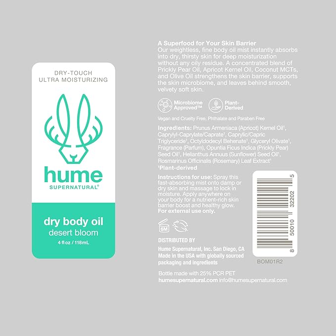HUME SUPERNATURAL Dry Body Oil Spray - Non-Toxic Moisturizing Mist for Dehydrated or Sensitive Skin, After Shower Body Oils for Women Men, Nourishing Prickly Pear, Apricot, Fast Absorbing Plant-Based