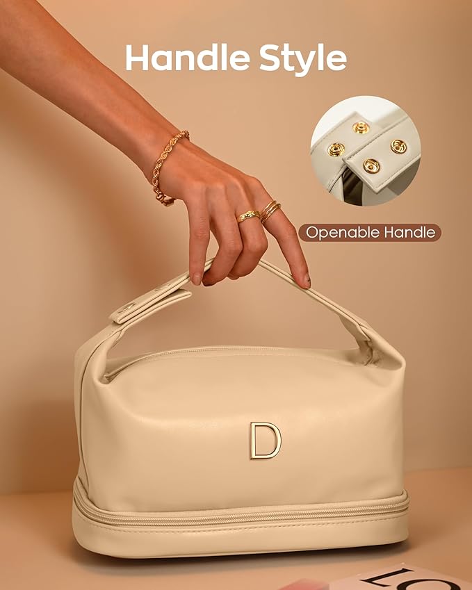 Makeup Bags for Teens Girls, Initial Double Layer Cosmetic Bag with Makeup Brush Organizer, Large Capacity PU Leather Travel Toiletry Bag, Gifts for Friends Female Mom