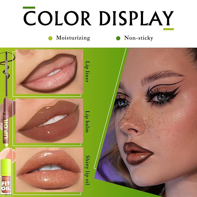 Wugbc Brown Lip Liner & Lip Gloss Set Moisturizing Lip Kit, Smooth Dark Brown Lip Liner Pencil Hydrating Lip Tint Non Sticky Click Lip Balm Lightweight Long Lasting Daily Lip Care for Women