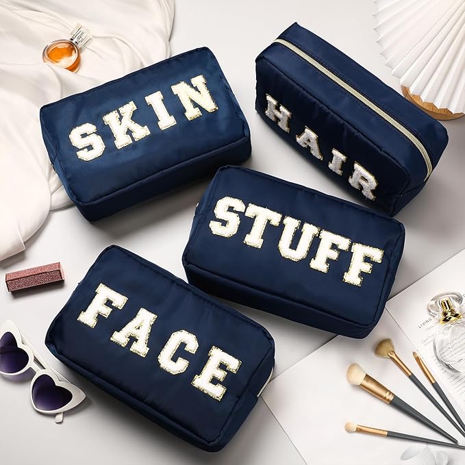 Cunno Preppy Makeup Bags Chenille Letter Stuff Bag Nylon Cosmetic Pouch Cases with Zipper for Women Travel Toiletry(Dark Blue,Classic,4 Pcs)