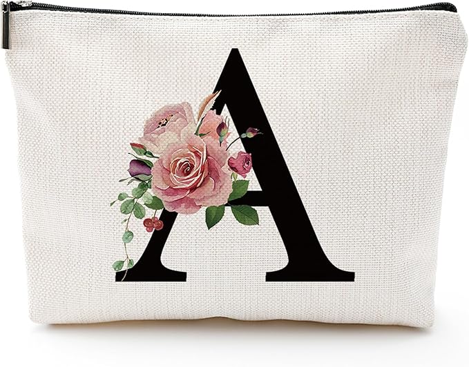 Comanro Initial A-Z Personalized Letter Makeup Bag, Monogrammed Bridesmaid Gifts/Presents Cosmetic Bag, Portable Stationery Storage Organizer Pouch, Friendship Love Travel Makeup Bags
