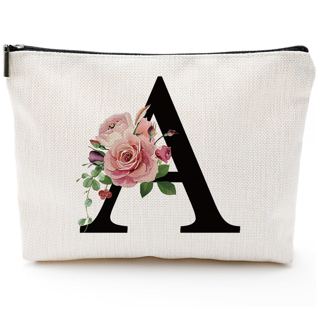 Comanro Initial A-Z Personalized Letter Makeup Bag, Monogrammed Bridesmaid Gifts/Presents Cosmetic Bag, Portable Stationery Storage Organizer Pouch, Friendship Love Travel Makeup Bags