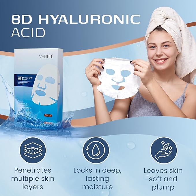 VSHELL Hyaluronic Acid Face Sheet Mask – Hydrating & Plumping Facial Mask for Dry Skin – Deep Moisturizing Skincare for Radiant Glass Skin Glow – Daily Use – 10 Pack