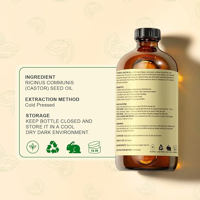 Yoken EWG Organic Castor Oil 16oz Cold Pressed Hexane Free for Hair Skin