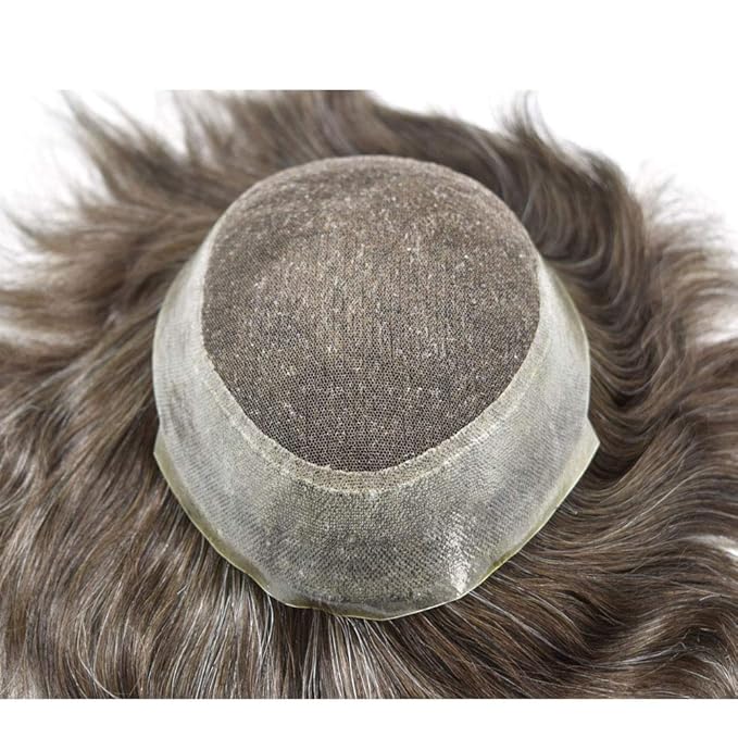FACE MIRACLE Hair System for Men French Lace Mens Toupee Human Hair Replacement System Lace with PU Toupee for Men Male Hair Piece Wigs 8"X10" #710 7# VERY LIGHT BROWN WITH 10% SYNTHETIC GREY