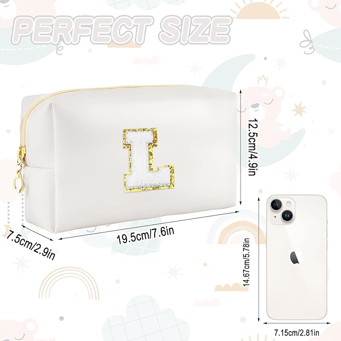 URSKYTOUS Gifts for Girls Initial Makeup Bag Personalized Cosmetic Bag with Zipper Cute Travel Toiletry Bags Waterproof PU Preppy Makeup Pouch Birthday Gift for Teen Girls Women(White L)