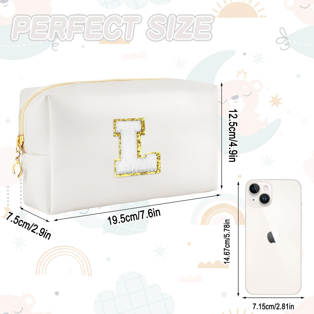 URSKYTOUS Gifts for Girls Initial Makeup Bag Personalized Cosmetic Bag with Zipper Cute Travel Toiletry Bags Waterproof PU Preppy Makeup Pouch Birthday Gift for Teen Girls Women(White L)