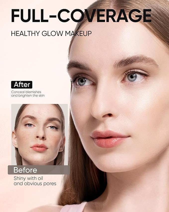 Full Coverage Cushion Foundation, Weightless, Skin Fit, Satin Glow Finish, Oil-Control Waterproof Foundation, Sweatproof Flawless BB Cream CC Korean Makeup,Tattoo Cover Up, Buildable(#10C Shell)