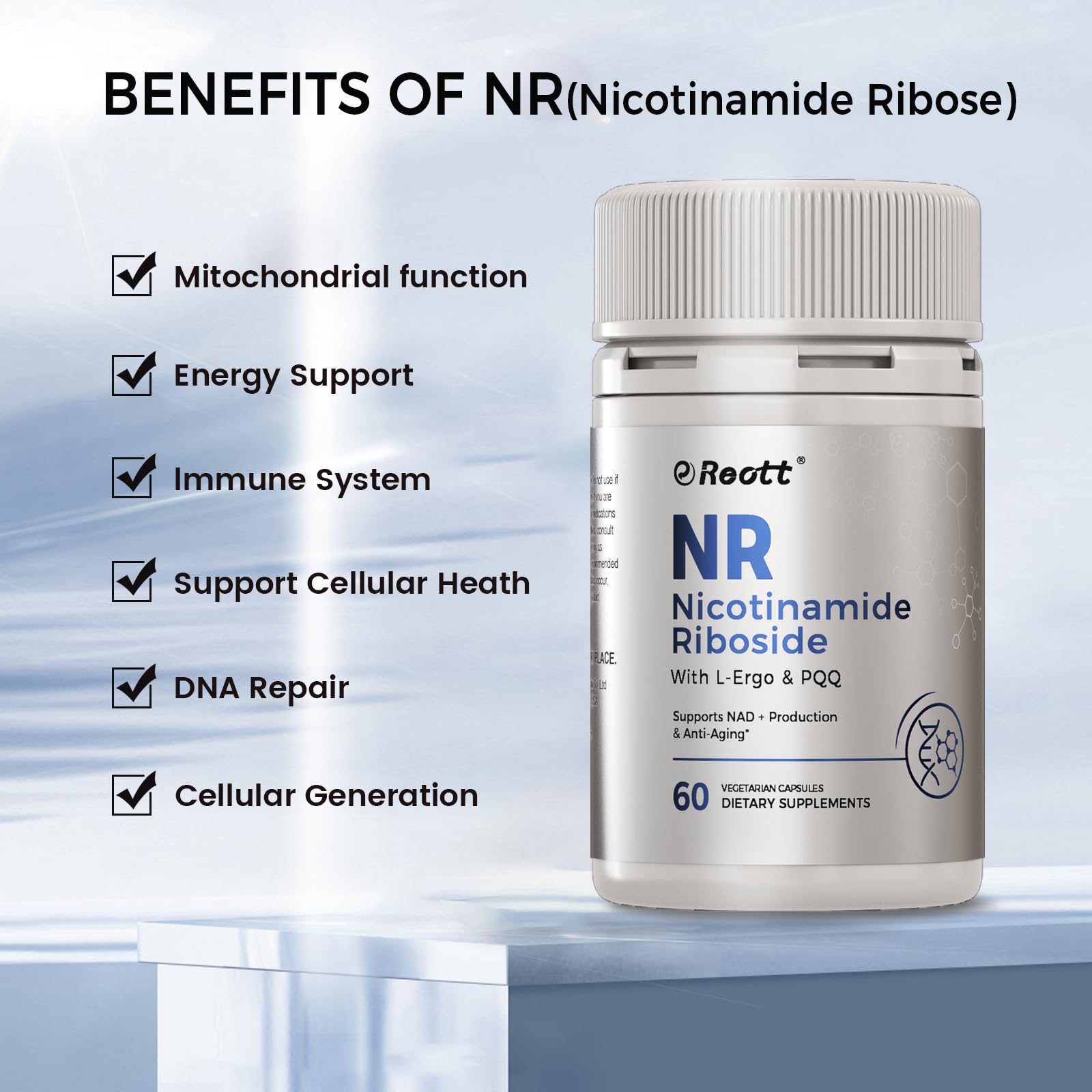 REOTT NR Nicotinamide Riboside Supplement 300mg, Supports NAD+ Boosting, 60 Capsules, with L-Ergothioneine and PQQ for Cell Health & Healthy Aging