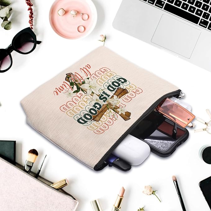 CEASQVAA Pink Bible Makeup Bag for Women, Inspirational Christian Gifts for Women, Church Prayer Bible Supplies, Cute Aesthetic Pink God is Good Cosmetic Bag Pouch