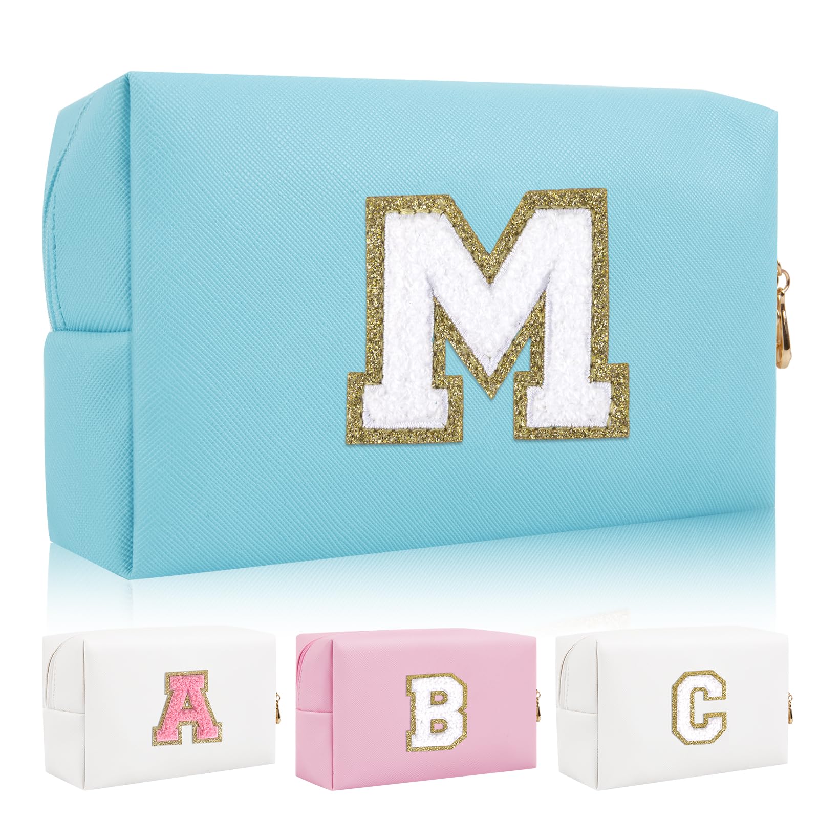 Personalized Initial Letter Patch Makeup Bag, Preppy Portable Chenille Cosmetic Bag with Zipper, PU Leather Waterproof Travel Toiletry Bag Monogram Make Up Pouch for Women Girls