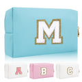 Personalized Initial Letter Patch Makeup Bag, Preppy Portable Chenille Cosmetic Bag with Zipper, PU Leather Waterproof Travel Toiletry Bag Monogram Make Up Pouch for Women Girls