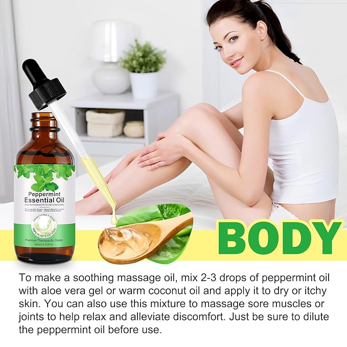 Akeeronn Peppermint Essential Oil 60ml, Natural Peppermint Oil for Hair Growth & Dandruff Removal - Perfect for Aromatherapy, Scalp and Body Massage, Refreshes, 2.02 fl.oz