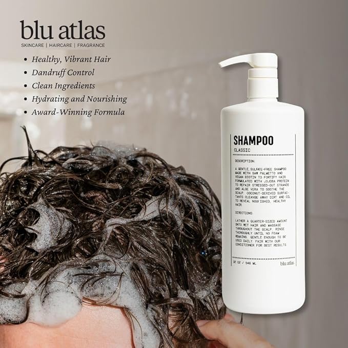 Blu Atlas Natural Shampoo for Men — Sulfate-Free for All Hair Types, 15 Ingredients, No Filler, Helps with Dandruff and Dry Scalp — Classic Scent, 32 oz