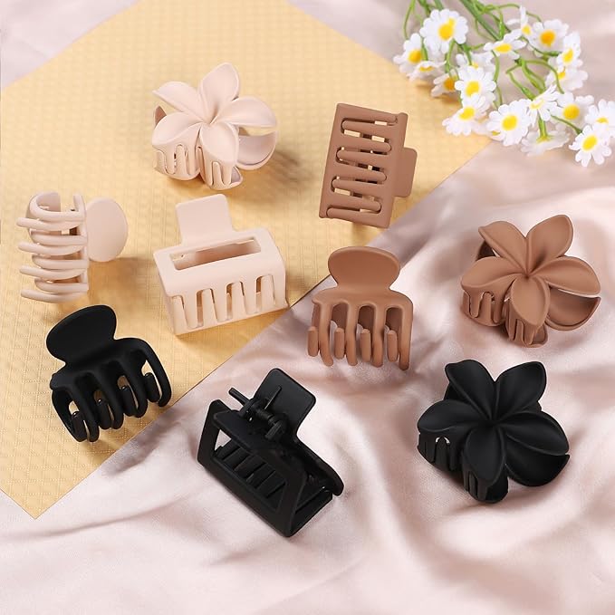 Hair Clips for Women 9 Pack Medium Claw Clips, No Slip Strong Hold Hair Clips for Thick & Thin Hair, Flower Square Aesthetic Styles for Everyday Styling, Trendy Hair Accessories (Brown)
