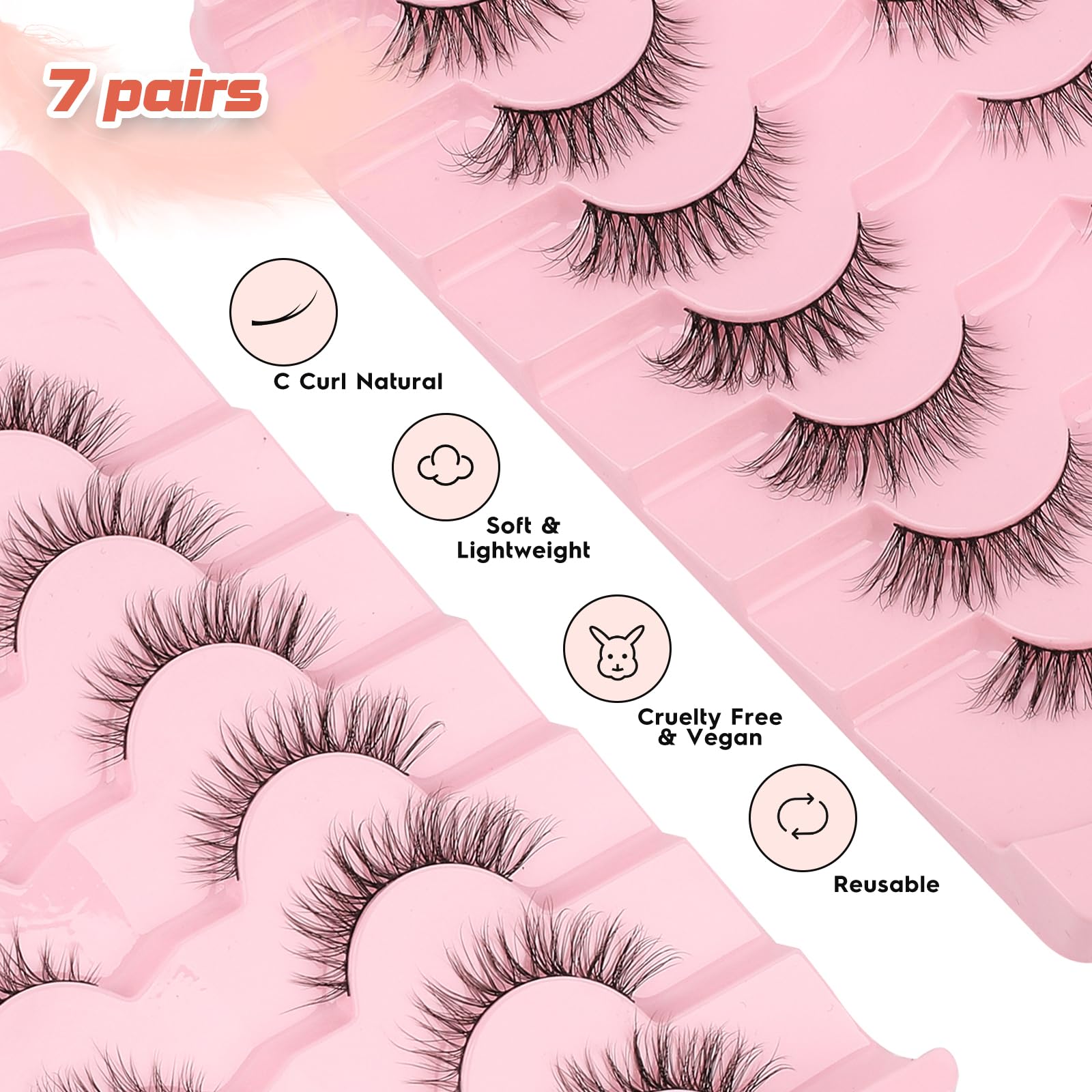 Eyelashes Natural Cat Eye Lashes 15mm Wispy Eyelashes Flared Fluffy Strip Lashes 0.1MM Thin Band False Eyelashes C Curl Lashes Siligli Eye Lashes Pack 7 Pair