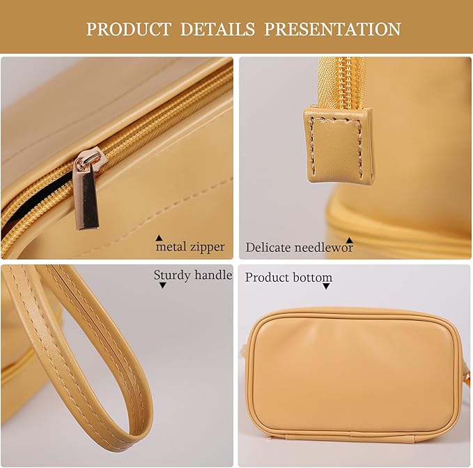 Abiudeng Large Makeup Bag for Women,Travel Makeup Organizer with Brush Holder, Dopp Kit Essentials,Waterproof PU Cosmetic Bag for Traveling,Multi Compartment, Cute,Spacious Capacity-yellow