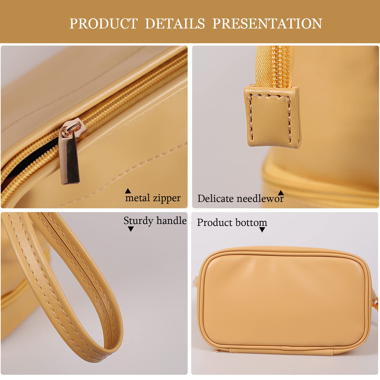 Abiudeng Large Makeup Bag for Women,Travel Makeup Organizer with Brush Holder, Dopp Kit Essentials,Waterproof PU Cosmetic Bag for Traveling,Multi Compartment, Cute,Spacious Capacity-yellow