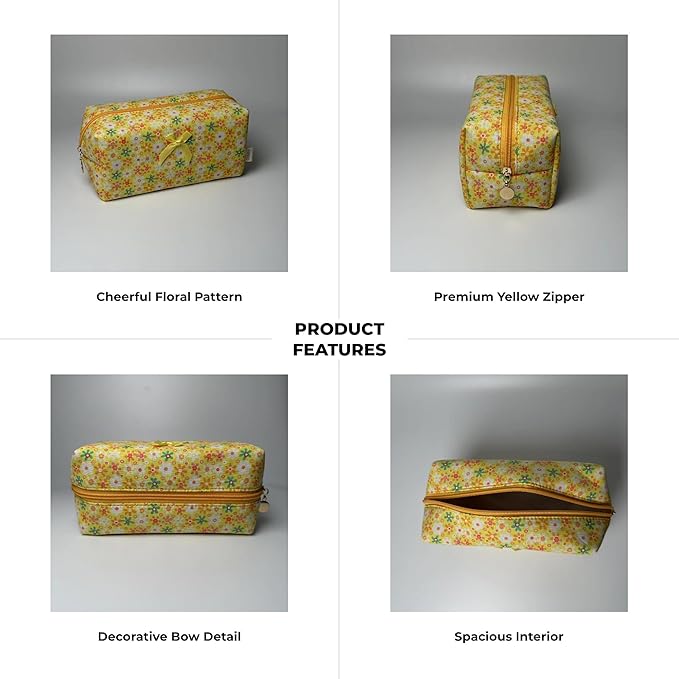 OIMEI Floral Quilted Cotton Makeup Bag for Women, Large Capacity Travel Cosmetic Pouch with Zipper, Cute Toiletry & Brush Organizer, Kawaii Makeup Storage Case – Yellow Sun Flower