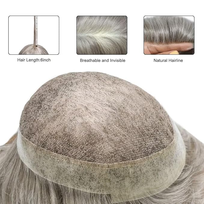 Mens Toupee Human Hair Piece French Lace Toupee for Man Hair System Indian Human Hair Replacement Systems V-Looped PU Front Hairpieces 6"X8" #580 5# MEDIUM LIGHT BROWN WITH 80% SYNTHETIC GREY