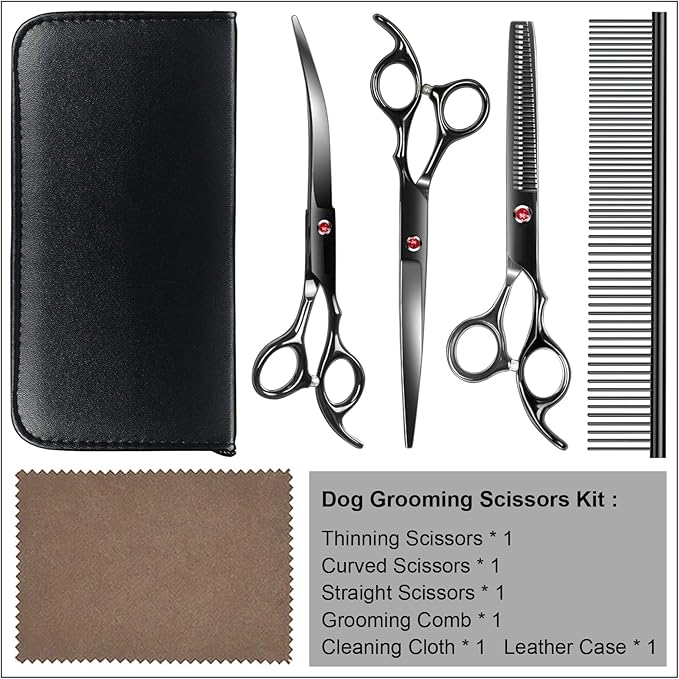 TINMARDA Dog Grooming Kit, Titanium Black Stainless Steel Dog Grooming Scissors with Curved Shears, Black Finger Rings - 4 Piece Sharp Durable Pet Shears for Dogs Cats At Home Salon-Quality Grooming