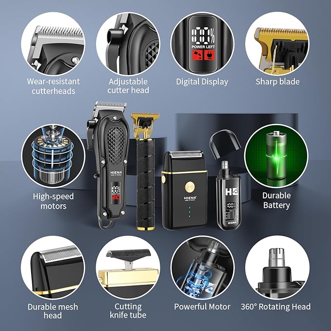 Hair Clippers for Men Professional, Cordless Complete Barber Kit with Electric Hair Clipper T-Blade Beard Trimmer Foil Shaver Nose Trimmer, Men's Hair Cutting Grooming Kit, 8 Guide Combs, Barber/Home