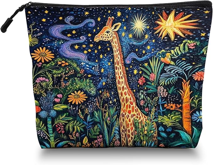 Scribesense Cosmetic Bags Travel Makeup Toilet Case Waterproof Pouch for Women Girls 6.7X9.45inches - Giraffe in A Starry Jungle in A Colorful Illustration
