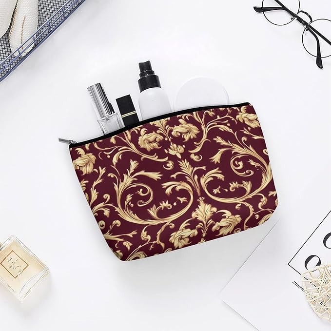 Meaudiwes Fashion Zipper Cosmetic Case, Portable Makeup Case, Personality Toiletry Bag, Flower Maroon Gold Floral Classy Burgundy Antique Travel Cosmetic Toiletry Bag