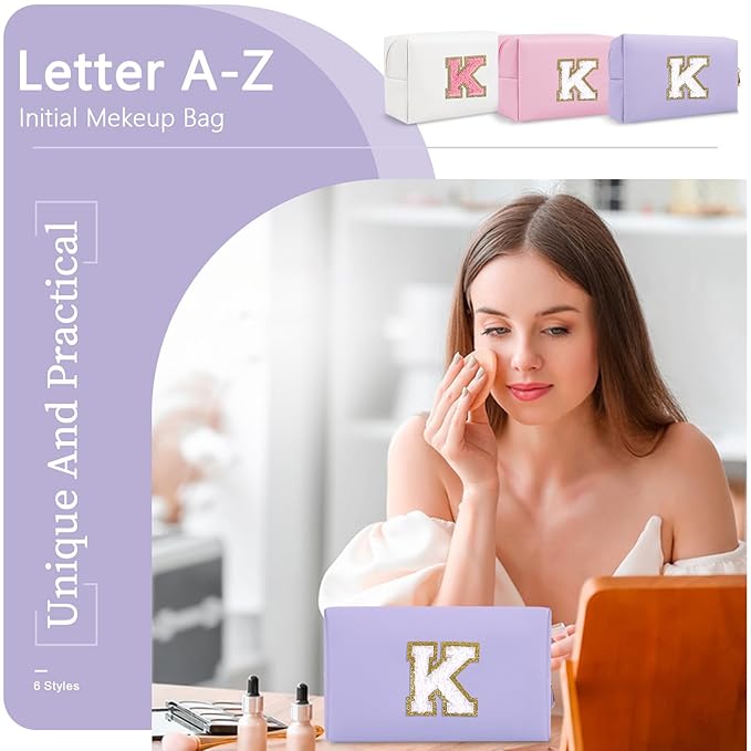 Personalized Makeup Bag Initial A-Z Preppy Patch Bag,Small PU Leather Travel Cosmetic Bag Pouch with Zipper,Purple Cute Toiletry Bag,Gift Ideal for Teen Girls Women Birthday Friend Mom,Latter K
