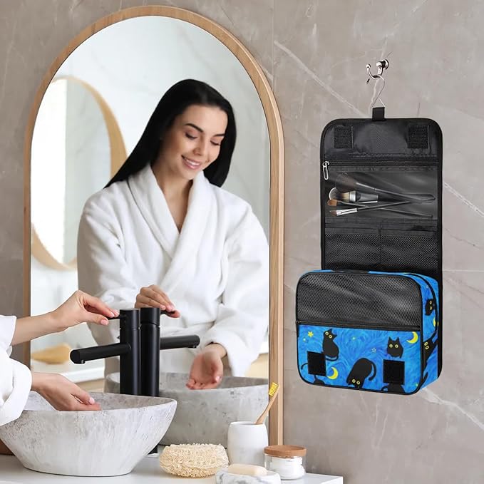 OMFUNS Cute Cat Travel Toiletry Bag with Hanging Hook for Women and Girls, DeepSkyBlue Cosmetic Makeup Case Organizer for Accessories, Shampoo, Full Sized Container, Toiletries