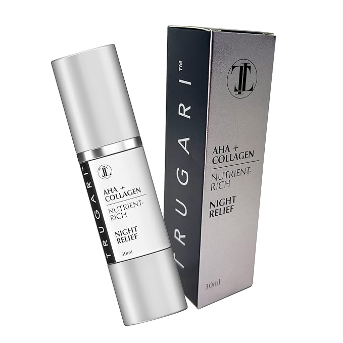 TRUGARI Facial Night Serum with AHA + Collagen, Night Serum for Face, Anti Aging Night Serum, Collagen Boost Anti Aging Serum, Nutrient-Rich Night Face Serum with Vitamins C, B, E, Collagen Skin Care