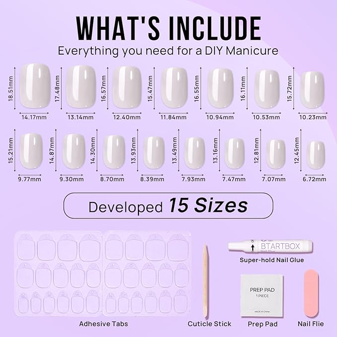 BTArtbox Press On Nails, Vanilla Glazed, Short Square, White Chrome, 32Ct