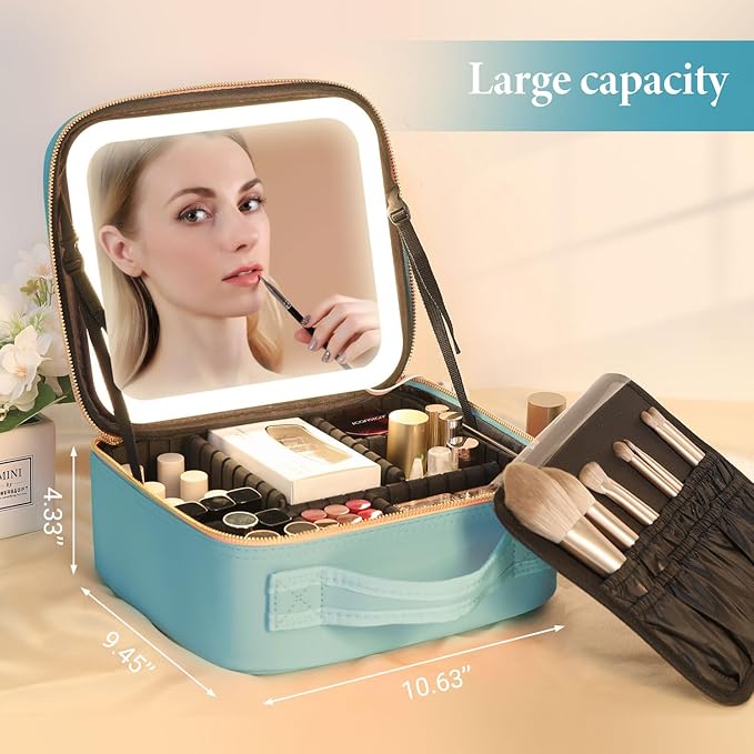 Behaesty Travel Makeup Bag with LED Lighted Mirror, Cosmetic Makeup Organizer Bag with 3 Color Setting, Makeup Train Case with Adjustable Dividers for Women Makeup Brushes Jewelry Accessories