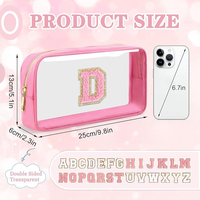 Small Clear Personalized Initial Makeup Bag,Nylon Preppy A-Z Chenille Letter Patch Cosmetic Pouch Beach Toiletry Bag,Waterproof Zipper Travel Purse Storage Bag Organizer for Women Girls(Pink-Pink D)