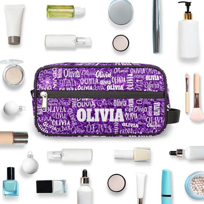 Personalized Makeup Bag with Name Toiletries Purple Glittering Sequins