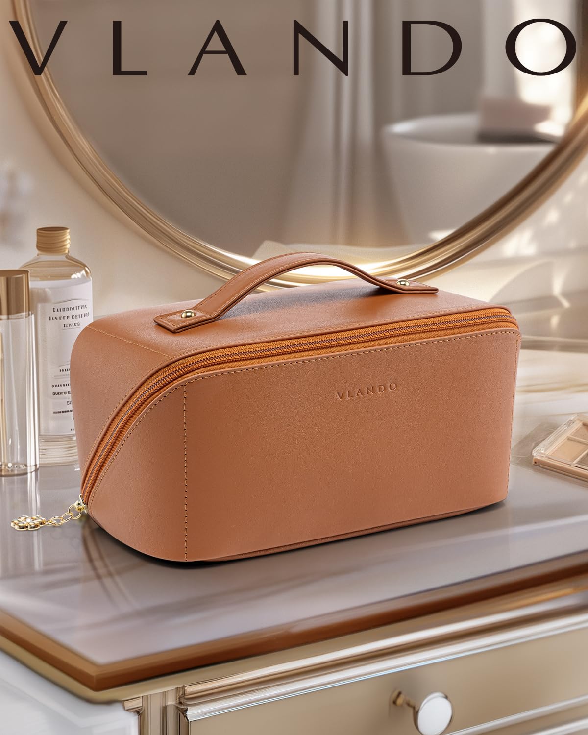 VLANDO Makeup Bag for Women with Open Flat Layout,Zipped TPU Pocket,Brown