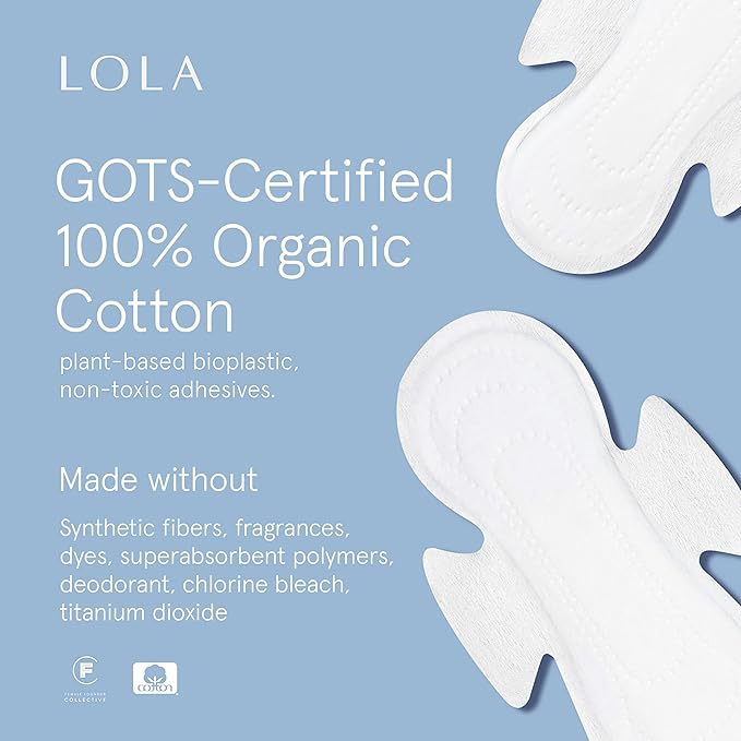 LOLA Cotton Pads - Ultra Thin Pads with Wings - Organic Cotton Hypoallergenic Material - Organic Panty Liners - 36 Count, Regular
