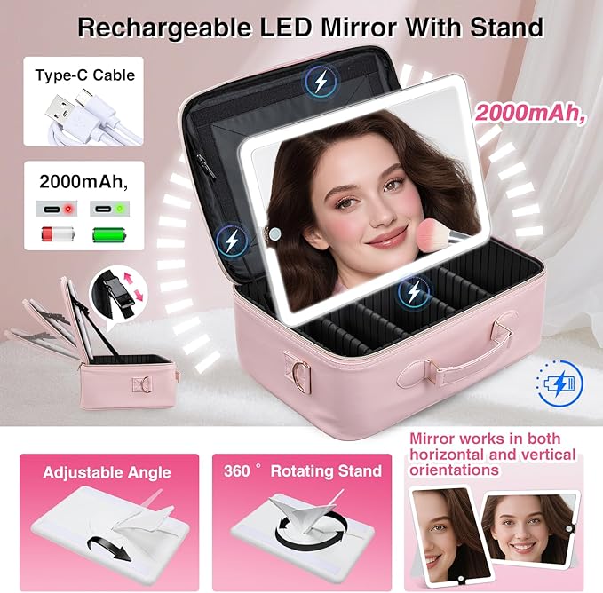 Faquenc Large Makeup Bag with LED Mirror,15”Cosmetic Train Case for Makeup Artists,Travel Makeup Organizer Case w Divider Rechargeable Vanity Mirror with 3 Color Lights for Barber,MUA,Nail Tech, Pink